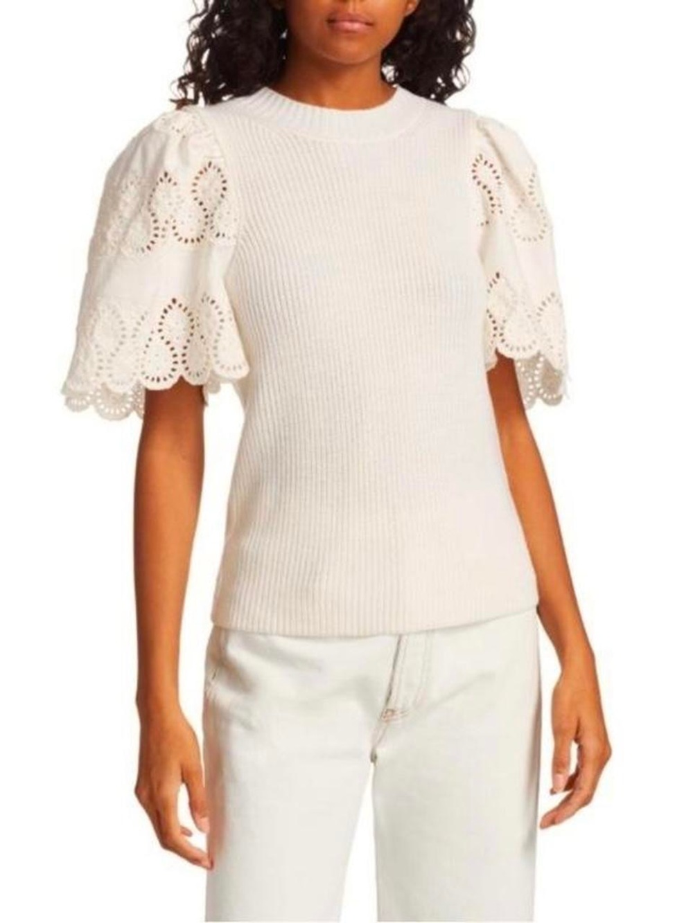 Sea New York Cream and Ivory Eyelet Puff Sleeve Knit Top